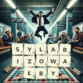 Kreatywna ilustracja do gry w Scrabble ze słowem SYLABIZOWAŁBY ułożonym z płytek na planszy.