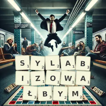 Kreatywna ilustracja do gry w Scrabble ze słowem SYLABIZOWAŁBYM ułożonym z płytek na planszy.