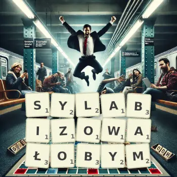 Kreatywna ilustracja do gry w Scrabble ze słowem SYLABIZOWAŁOBYM ułożonym z płytek na planszy.
