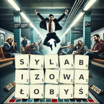 Kreatywna ilustracja do gry w Scrabble ze słowem SYLABIZOWAŁOBYŚ ułożonym z płytek na planszy.