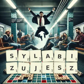 Kreatywna ilustracja do gry w Scrabble ze słowem SYLABIZUJESZ ułożonym z płytek na planszy.
