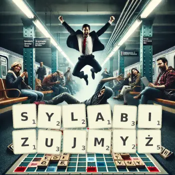 Kreatywna ilustracja do gry w Scrabble ze słowem SYLABIZUJMYŻ ułożonym z płytek na planszy.
