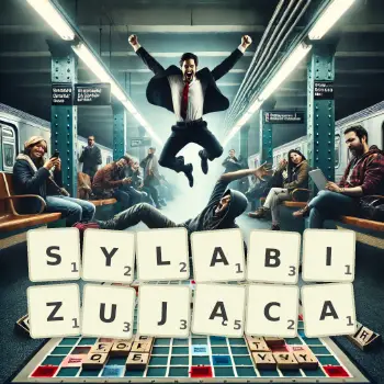 Kreatywna ilustracja do gry w Scrabble ze słowem SYLABIZUJĄCA ułożonym z płytek na planszy.