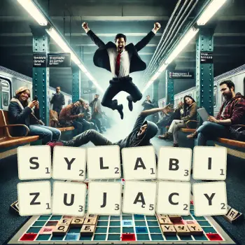 Kreatywna ilustracja do gry w Scrabble ze słowem SYLABIZUJĄCY ułożonym z płytek na planszy.