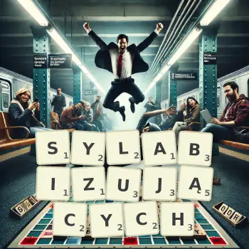 Kreatywna ilustracja do gry w Scrabble ze słowem SYLABIZUJĄCYCH ułożonym z płytek na planszy.