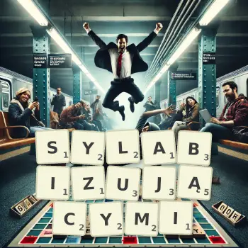 Kreatywna ilustracja do gry w Scrabble ze słowem SYLABIZUJĄCYMI ułożonym z płytek na planszy.