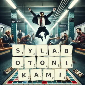 Kreatywna ilustracja do gry w Scrabble ze słowem SYLABOTONIKAMI ułożonym z płytek na planszy.