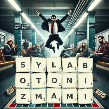 Kreatywna ilustracja do gry w Scrabble ze słowem SYLABOTONIZMAMI ułożonym z płytek na planszy.