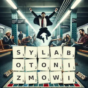 Kreatywna ilustracja do gry w Scrabble ze słowem SYLABOTONIZMOWI ułożonym z płytek na planszy.