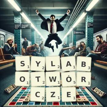 Kreatywna ilustracja do gry w Scrabble ze słowem SYLABOTWÓRCZE ułożonym z płytek na planszy.