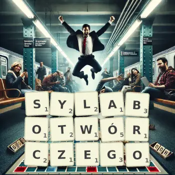 Kreatywna ilustracja do gry w Scrabble ze słowem SYLABOTWÓRCZEGO ułożonym z płytek na planszy.
