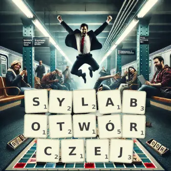 Kreatywna ilustracja do gry w Scrabble ze słowem SYLABOTWÓRCZEJ ułożonym z płytek na planszy.