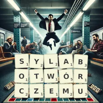 Kreatywna ilustracja do gry w Scrabble ze słowem SYLABOTWÓRCZEMU ułożonym z płytek na planszy.