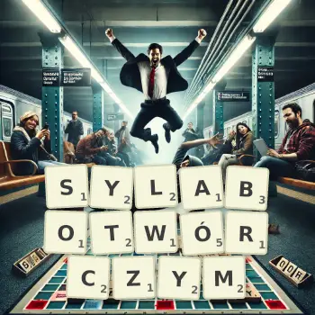 Kreatywna ilustracja do gry w Scrabble ze słowem SYLABOTWÓRCZYM ułożonym z płytek na planszy.