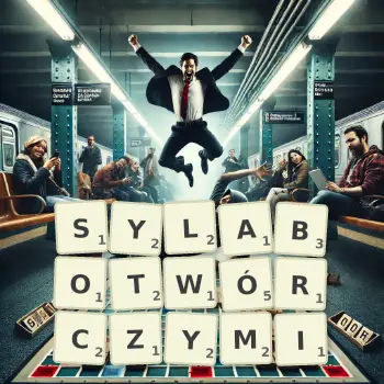Kreatywna ilustracja do gry w Scrabble ze słowem SYLABOTWÓRCZYMI ułożonym z płytek na planszy.