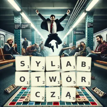 Kreatywna ilustracja do gry w Scrabble ze słowem SYLABOTWÓRCZĄ ułożonym z płytek na planszy.