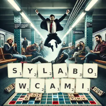 Kreatywna ilustracja do gry w Scrabble ze słowem SYLABOWCAMI ułożonym z płytek na planszy.