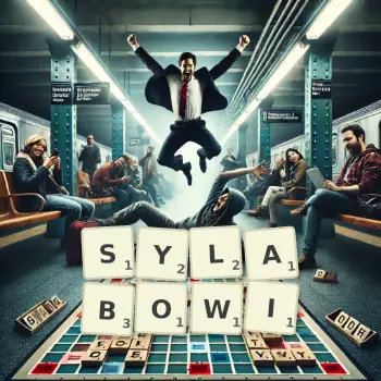 Kreatywna ilustracja do gry w Scrabble ze słowem SYLABOWI ułożonym z płytek na planszy.