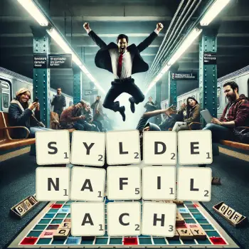 Kreatywna ilustracja do gry w Scrabble ze słowem SYLDENAFILACH ułożonym z płytek na planszy.