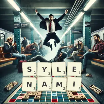 Kreatywna ilustracja do gry w Scrabble ze słowem SYLENAMI ułożonym z płytek na planszy.