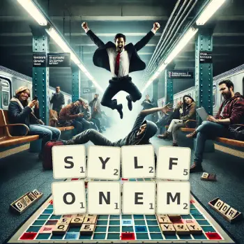 Kreatywna ilustracja do gry w Scrabble ze słowem SYLFONEM ułożonym z płytek na planszy.
