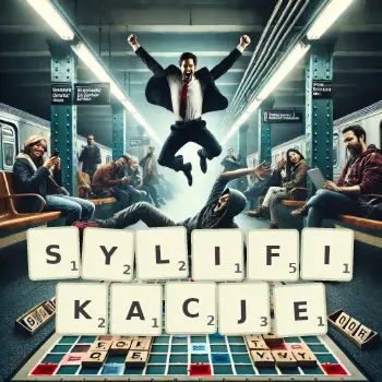 Kreatywna ilustracja do gry w Scrabble ze słowem SYLIFIKACJE ułożonym z płytek na planszy.
