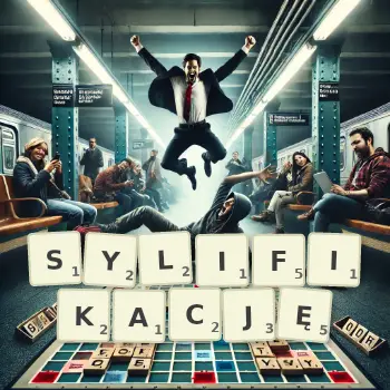 Kreatywna ilustracja do gry w Scrabble ze słowem SYLIFIKACJĘ ułożonym z płytek na planszy.