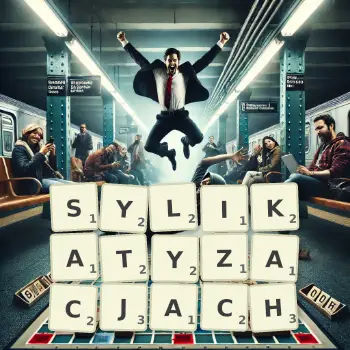 Kreatywna ilustracja do gry w Scrabble ze słowem SYLIKATYZACJACH ułożonym z płytek na planszy.