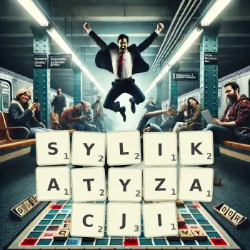 Kreatywna ilustracja do gry w Scrabble ze słowem SYLIKATYZACJI ułożonym z płytek na planszy.