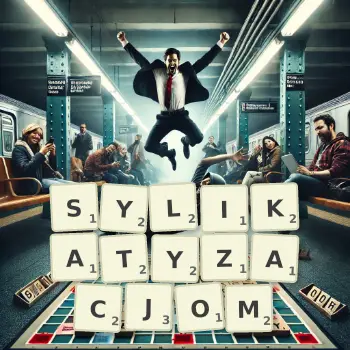 Kreatywna ilustracja do gry w Scrabble ze słowem SYLIKATYZACJOM ułożonym z płytek na planszy.