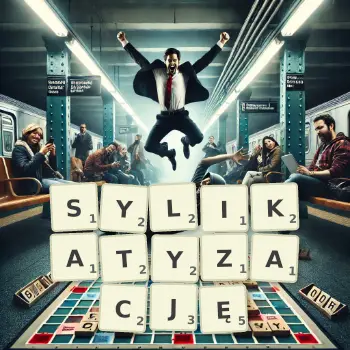 Kreatywna ilustracja do gry w Scrabble ze słowem SYLIKATYZACJĘ ułożonym z płytek na planszy.