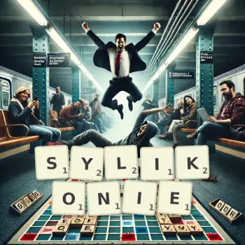 Kreatywna ilustracja do gry w Scrabble ze słowem SYLIKONIE ułożonym z płytek na planszy.