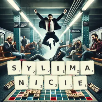 Kreatywna ilustracja do gry w Scrabble ze słowem SYLIMANICIE ułożonym z płytek na planszy.