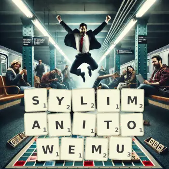 Kreatywna ilustracja do gry w Scrabble ze słowem SYLIMANITOWEMU ułożonym z płytek na planszy.