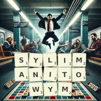 Kreatywna ilustracja do gry w Scrabble ze słowem SYLIMANITOWYM ułożonym z płytek na planszy.