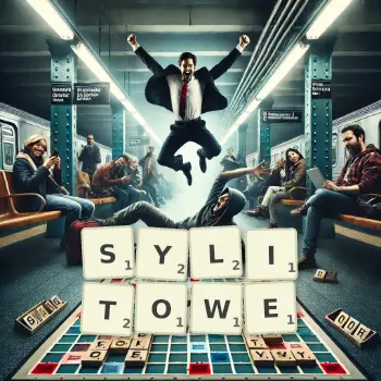 Kreatywna ilustracja do gry w Scrabble ze słowem SYLITOWE ułożonym z płytek na planszy.