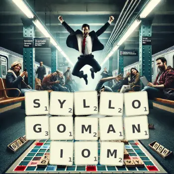 Kreatywna ilustracja do gry w Scrabble ze słowem SYLLOGOMANIOM ułożonym z płytek na planszy.