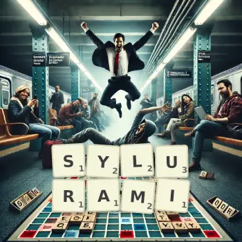 Kreatywna ilustracja do gry w Scrabble ze słowem SYLURAMI ułożonym z płytek na planszy.