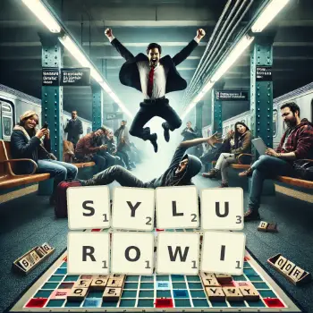 Kreatywna ilustracja do gry w Scrabble ze słowem SYLUROWI ułożonym z płytek na planszy.