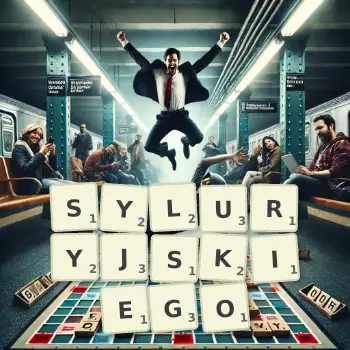 Kreatywna ilustracja do gry w Scrabble ze słowem SYLURYJSKIEGO ułożonym z płytek na planszy.
