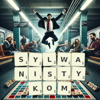 Kreatywna ilustracja do gry w Scrabble ze słowem SYLWANISTYKOM ułożonym z płytek na planszy.