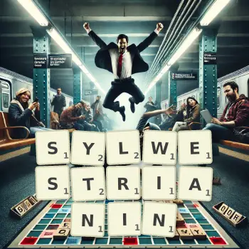 Kreatywna ilustracja do gry w Scrabble ze słowem SYLWESTRIANIN ułożonym z płytek na planszy.