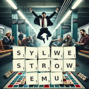 Kreatywna ilustracja do gry w Scrabble ze słowem SYLWESTROWEMU ułożonym z płytek na planszy.