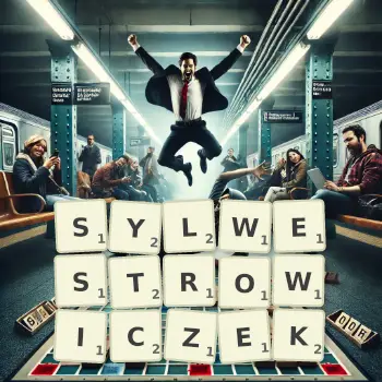 Kreatywna ilustracja do gry w Scrabble ze słowem SYLWESTROWICZEK ułożonym z płytek na planszy.