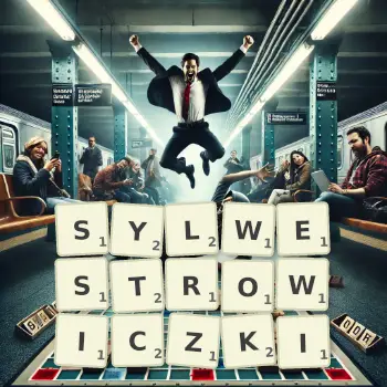 Kreatywna ilustracja do gry w Scrabble ze słowem SYLWESTROWICZKI ułożonym z płytek na planszy.