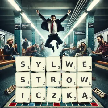 Kreatywna ilustracja do gry w Scrabble ze słowem SYLWESTROWICZKĄ ułożonym z płytek na planszy.