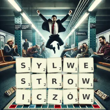 Kreatywna ilustracja do gry w Scrabble ze słowem SYLWESTROWICZÓW ułożonym z płytek na planszy.