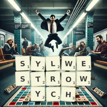 Kreatywna ilustracja do gry w Scrabble ze słowem SYLWESTROWYCH ułożonym z płytek na planszy.