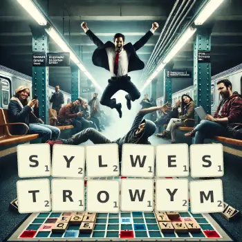 Kreatywna ilustracja do gry w Scrabble ze słowem SYLWESTROWYM ułożonym z płytek na planszy.