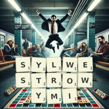 Kreatywna ilustracja do gry w Scrabble ze słowem SYLWESTROWYMI ułożonym z płytek na planszy.